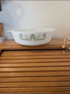 Vintage Milk Glass Casserole Dish with Green Floral Motif